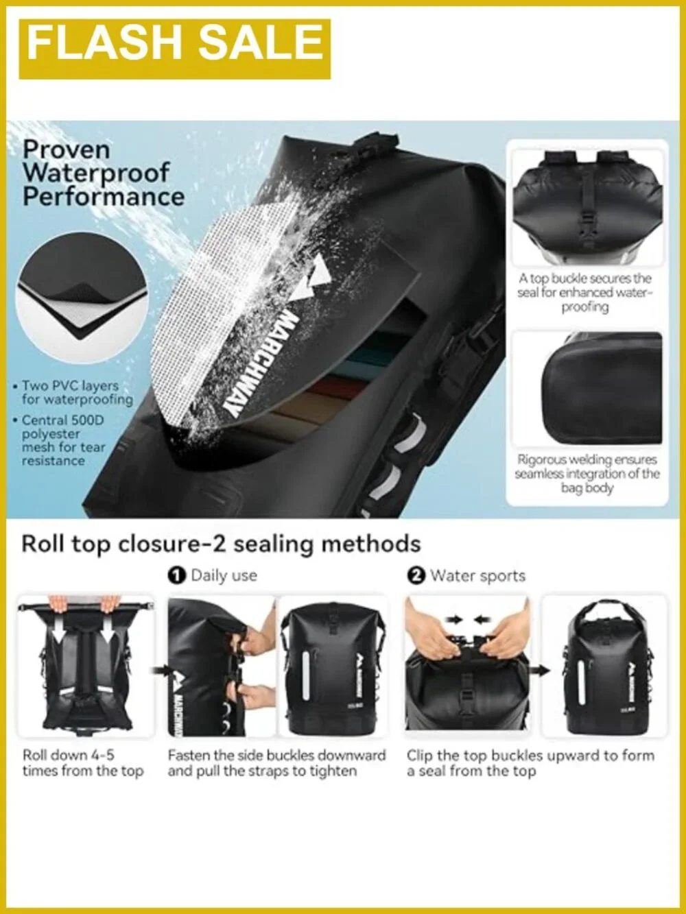 MARCHWAY Roll Top Waterproof Backpack 20L Rugged Hiking Dry Bag
